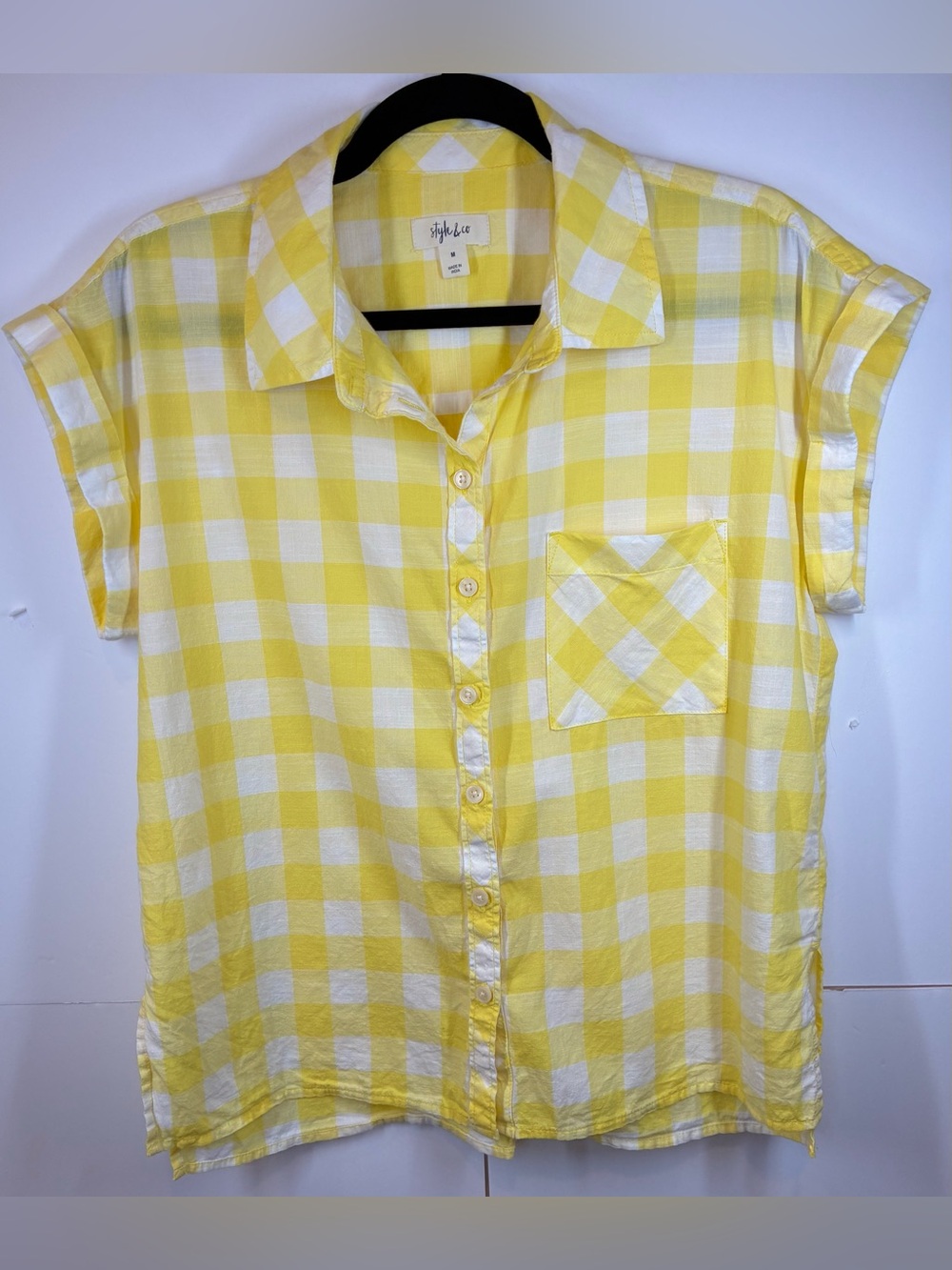 Style & Co. Yellow and White Gingham Button Front Shirt Medium Roll Cuff Top